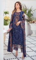 Embroidered Chiffon front with sequins  Embroidered Chiffon back Embroidered Chiffon sleeves  Embroidered organza sleeves lace Embroidered organza ghera lace Digital printed silk dupatta – 2.50 Meter  Raw silk trouser – 2.5 Meter  Embroidered organza trouser lace