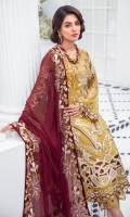Embroidered Chiffon front with sequins  Embroidered Chiffon back Embroidered Chiffon sleeves  Embroidered organza sleeves lace Embroidered organza ghera lace Embroidered chiffon dupatta – 2.50 Meter  Raw silk trouser – 2.5 Meter  Embroidered organza trouser lace