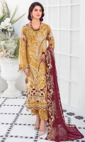 Embroidered Chiffon front with sequins  Embroidered Chiffon back Embroidered Chiffon sleeves  Embroidered organza sleeves lace Embroidered organza ghera lace Embroidered chiffon dupatta – 2.50 Meter  Raw silk trouser – 2.5 Meter  Embroidered organza trouser lace