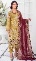 Embroidered Chiffon front with sequins  Embroidered Chiffon back Embroidered Chiffon sleeves  Embroidered organza sleeves lace Embroidered organza ghera lace Embroidered chiffon dupatta – 2.50 Meter  Raw silk trouser – 2.5 Meter  Embroidered organza trouser lace