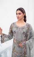 Embroidered Chiffon front with sequins  Embroidered Chiffon back Embroidered Chiffon sleeves  Embroidered organza sleeves lace Embroidered organza ghera lace Embroidered chiffon dupatta – 2.50 Meter  Raw silk trouser – 2.5 Meter  Embroidered organza trouser lace