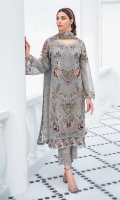 Embroidered Chiffon front with sequins  Embroidered Chiffon back Embroidered Chiffon sleeves  Embroidered organza sleeves lace Embroidered organza ghera lace Embroidered chiffon dupatta – 2.50 Meter  Raw silk trouser – 2.5 Meter  Embroidered organza trouser lace