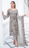 Embroidered Chiffon front with sequins  Embroidered Chiffon back Embroidered Chiffon sleeves  Embroidered organza sleeves lace Embroidered organza ghera lace Embroidered chiffon dupatta – 2.50 Meter  Raw silk trouser – 2.5 Meter  Embroidered organza trouser lace