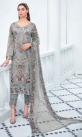 Embroidered Chiffon front with sequins  Embroidered Chiffon back Embroidered Chiffon sleeves  Embroidered organza sleeves lace Embroidered organza ghera lace Embroidered chiffon dupatta – 2.50 Meter  Raw silk trouser – 2.5 Meter  Embroidered organza trouser lace