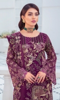 Embroidered Chiffon front with sequins  Embroidered Chiffon back Embroidered Chiffon sleeves  Embroidered organza sleeves lace Embroidered organza ghera lace Embroidered chiffon dupatta – 2.50 Meter  Raw silk trouser – 2.5 Meter  Embroidered organza trouser lace