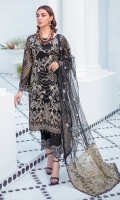 Embroidered Chiffon front with sequins  Embroidered Chiffon back Embroidered Chiffon sleeves  Embroidered organza sleeves lace Embroidered organza ghera lace Embroidered chiffon dupatta – 2.50 Meter  Raw silk trouser – 2.5 Meter  Embroidered organza trouser lace