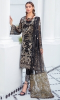 Embroidered Chiffon front with sequins  Embroidered Chiffon back Embroidered Chiffon sleeves  Embroidered organza sleeves lace Embroidered organza ghera lace Embroidered chiffon dupatta – 2.50 Meter  Raw silk trouser – 2.5 Meter  Embroidered organza trouser lace