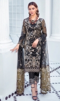 Embroidered Chiffon front with sequins  Embroidered Chiffon back Embroidered Chiffon sleeves  Embroidered organza sleeves lace Embroidered organza ghera lace Embroidered chiffon dupatta – 2.50 Meter  Raw silk trouser – 2.5 Meter  Embroidered organza trouser lace