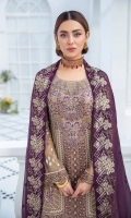 Embroidered Chiffon front with sequins  Embroidered Chiffon back Embroidered Chiffon sleeves  Embroidered organza sleeves lace Embroidered organza ghera lace Embroidered chiffon dupatta – 2.50 Meter  Raw silk trouser – 2.5 Meter  Embroidered organza trouser lace