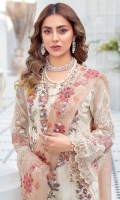 Embroidered Chiffon front with sequins  Embroidered Chiffon back Embroidered Chiffon sleeves  Embroidered organza sleeves lace Embroidered organza ghera lace Embroidered chiffon dupatta – 2.50 Meter  Raw silk trouser – 2.5 Meter  Embroidered organza trouser lace