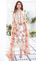 Embroidered Chiffon front with sequins  Embroidered Chiffon back Embroidered Chiffon sleeves  Embroidered organza sleeves lace Embroidered organza ghera lace Embroidered chiffon dupatta – 2.50 Meter  Raw silk trouser – 2.5 Meter  Embroidered organza trouser lace