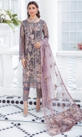 Embroidered Chiffon front with sequins  Embroidered Chiffon back Embroidered Chiffon sleeves  Embroidered organza sleeves lace Embroidered organza ghera lace Embroidered net dupatta – 2.50 Meter  Raw silk trouser – 2.5 Meter  Embroidered organza trouser lace