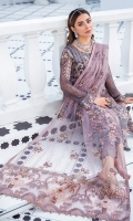 Embroidered Chiffon front with sequins  Embroidered Chiffon back Embroidered Chiffon sleeves  Embroidered organza sleeves lace Embroidered organza ghera lace Embroidered net dupatta – 2.50 Meter  Raw silk trouser – 2.5 Meter  Embroidered organza trouser lace