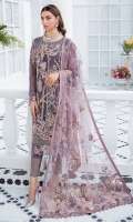 Embroidered Chiffon front with sequins  Embroidered Chiffon back Embroidered Chiffon sleeves  Embroidered organza sleeves lace Embroidered organza ghera lace Embroidered net dupatta – 2.50 Meter  Raw silk trouser – 2.5 Meter  Embroidered organza trouser lace