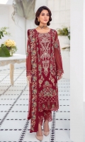 Embroidered Chiffon front with sequins  Embroidered Chiffon back Embroidered Chiffon sleeves  Embroidered organza sleeves lace Embroidered organza ghera lace Embroidered chiffon dupatta – 2.50 Meter  Raw silk trouser – 2.5 Meter  Embroidered organza trouser lace