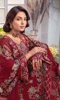 Embroidered Chiffon front with sequins  Embroidered Chiffon back Embroidered Chiffon sleeves  Embroidered organza sleeves lace Embroidered organza ghera lace Embroidered chiffon dupatta – 2.50 Meter  Raw silk trouser – 2.5 Meter  Embroidered organza trouser lace