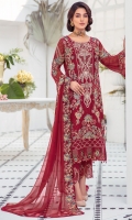 Embroidered Chiffon front with sequins  Embroidered Chiffon back Embroidered Chiffon sleeves  Embroidered organza sleeves lace Embroidered organza ghera lace Embroidered chiffon dupatta – 2.50 Meter  Raw silk trouser – 2.5 Meter  Embroidered organza trouser lace