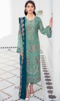 Embroidered Chiffon front with sequins  Embroidered Chiffon back Embroidered Chiffon sleeves  Embroidered organza sleeves lace Embroidered organza ghera lace Embroidered chiffon dupatta – 2.50 Meter  Raw silk trouser – 2.5 Meter  Embroidered organza trouser lace