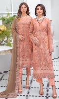 Embroidered Chiffon front with sequins  Embroidered Chiffon back Embroidered Chiffon sleeves  Embroidered organza sleeves lace Embroidered organza ghera lace Embroidered chiffon dupatta – 2.50 Meter  Raw silk trouser – 2.5 Meter  Embroidered organza trouser lace