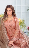 Embroidered Chiffon front with sequins  Embroidered Chiffon back Embroidered Chiffon sleeves  Embroidered organza sleeves lace Embroidered organza ghera lace Embroidered chiffon dupatta – 2.50 Meter  Raw silk trouser – 2.5 Meter  Embroidered organza trouser lace