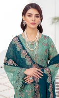 Embroidered Chiffon front with sequins  Embroidered Chiffon back Embroidered Chiffon sleeves  Embroidered organza sleeves lace Embroidered organza ghera lace Embroidered chiffon dupatta – 2.50 Meter  Raw silk trouser – 2.5 Meter  Embroidered organza trouser lace