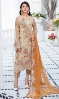 Embroidered Chiffon front with sequins  Embroidered Chiffon back Embroidered Chiffon sleeves  Embroidered organza sleeves lace Embroidered organza ghera lace Embroidered chiffon dupatta – 2.50 Meter  Raw silk trouser – 2.5 Meter  Embroidered organza trouser lace