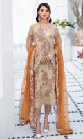 Embroidered Chiffon front with sequins  Embroidered Chiffon back Embroidered Chiffon sleeves  Embroidered organza sleeves lace Embroidered organza ghera lace Embroidered chiffon dupatta – 2.50 Meter  Raw silk trouser – 2.5 Meter  Embroidered organza trouser lace