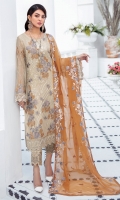 Embroidered Chiffon front with sequins  Embroidered Chiffon back Embroidered Chiffon sleeves  Embroidered organza sleeves lace Embroidered organza ghera lace Embroidered chiffon dupatta – 2.50 Meter  Raw silk trouser – 2.5 Meter  Embroidered organza trouser lace