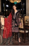 Embroidered chiffon front with sequence – 30 inch Embroidered chiffon back – 30 inch Embroidered chiffon sleeves with lace pasting – 1.25 Meter Embroidered tissue neck pasting- Embroidered tissue ghera lace – 1.5 Meter Embroidered Net dupatta – 2.50 Meter Grip trouser with patches– 2.5 Meter
