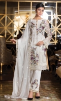 Embroidered chiffon front with sequence – 30 inch Embroidered chiffon back – 30 inch Embroidered chiffon sleeves with lace pasting– 1.25 Meter Embroidered tissue ghera lace – 1.5 Meter Embroidered chiffon dupatta – 2.50 Meter Grip trouser with patches– 2.5 Meter