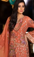 Embroidered chiffon front with sequence – 30 inch Embroidered chiffon back – 30 inch Embroidered chiffon sleeves with lace pasting– 1.25 Meter Embroidered tissue ghera lace – 1.5 Meter Embroidered chiffon dupatta – 2.50 Meter Grip trouser with patches – 2.5 Meter