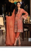 Embroidered chiffon front with sequence – 30 inch Embroidered chiffon back – 30 inch Embroidered chiffon sleeves with lace pasting– 1.25 Meter Embroidered tissue ghera lace – 1.5 Meter Embroidered chiffon dupatta – 2.50 Meter Grip trouser with patches – 2.5 Meter