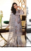 Embroidered chiffon front with sequence– 30 inch Embroidered chiffon back – 30 inch Embroidered chiffon sleeves with lace pasting – 1.25 Meter Embroidered tissue ghera lace – 1.5 Meter Embroidered Net dupatta – 2.50 Meter Grip trouser with patches – 2.5 Meter