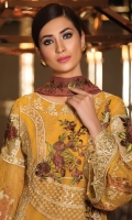 Embroidered chiffon front with sequence – 30 inch Embroidered chiffon back – 30 inch Embroidered chiffon sleeves with lace pasting – 1.25 Meter Embroidered tissue ghera lace – 1.5 Meter Embroidered chiffon dupatta – 2.50 Meter Grip trouser with patches– 2.5 Meter