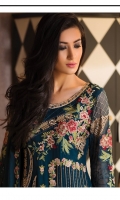 Embroidered chiffon front with sequence– 30 inch Embroidered chiffon back – 30 inch Embroidered chiffon sleeves with lace pasting – 1.25 Meter Embroidered Net ghera lace – 1.5 Meter Embroidered chiffon dupatta – 2.50 Meter Grip trouser with patches– 2.5 Meter