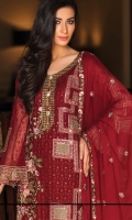 Embroidered chiffon front with sequence – 30 inch Embroidered chiffon back – 30 inch Embroidered chiffon sleeves with lace pasting – 1.25 Meter Embroidered tissue neck pasting- Embroidered tissue ghera lace – 1.5 Meter Embroidered chiffon dupatta – 2.50 Meter Grip trouser with patches– 2.5 Meter