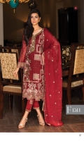 Embroidered chiffon front with sequence – 30 inch Embroidered chiffon back – 30 inch Embroidered chiffon sleeves with lace pasting – 1.25 Meter Embroidered tissue neck pasting- Embroidered tissue ghera lace – 1.5 Meter Embroidered chiffon dupatta – 2.50 Meter Grip trouser with patches– 2.5 Meter