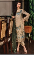 Embroidered chiffon front with sequence– 30 inch Embroidered chiffon back – 30 inch Embroidered chiffon sleeves with patches – 1.25 Meter Embroidered tissue ghera lace – 1.5 Meter Embroidered chiffon dupatta – 2.50 Meter Grip trouser with patches – 2.5 Meter