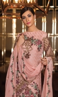 Embroidered chiffon front with sequence – 30 inch Embroidered chiffon back – 30 inch Embroidered chiffon sleeves with patches– 1.25 Meter Embroidered tissue ghera lace – 1.5 Meter Embroidered Chiffon dupatta – 2.50 Meter Grip trouser with lace pasting– 2.5 Meter