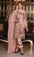 Embroidered chiffon front with sequence – 30 inch Embroidered chiffon back – 30 inch Embroidered chiffon sleeves with patches– 1.25 Meter Embroidered tissue ghera lace – 1.5 Meter Embroidered Chiffon dupatta – 2.50 Meter Grip trouser with lace pasting– 2.5 Meter