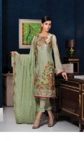 Embroidered chiffon front with sequence – 30 inch Embroidered chiffon back – 30 inch Embroidered chiffon sleeves with lace pasting – 1.25 Meter Embroidered tissue ghera lace – 1.5 Meter Embroidered Chiffon dupatta – 2.50 Meter Grip trouser with lace pasting – 2.5 Meter