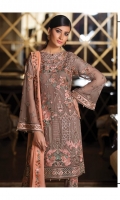 Embroidered chiffon front with sequence– 30 inch Embroidered chiffon back – 30 inch Embroidered chiffon sleeves with lace pasting – 1.25 Meter Embroidered tissue ghera lace – 1.5 Meter Embroidered chiffon dupatta – 2.50 Meter Grip trouser with patches– 2.5 Meter