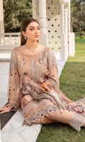 Embroidered Chiffon front with sequins Embroidered Chiffon back Embroidered Chiffon sleeves Embroidered tissue sleeves lace with pasting Embroidered tissue ghera lace Digital printed silk dupatta – 2.50 Meter Raw silk trouser – 2.5 Meter Embroidered tissue trouser lace