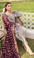 Embroidered Chiffon front with sequins Embroidered Chiffon back Embroidered Chiffon sleeves Embroidered tissue sleeves lace Embroidered tissue ghera lace Bnarsi dupatta – 2.50 Meter Raw silk trouser – 2.5 Meter Embroidered tissue trouser lace