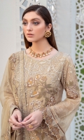 Embroidered Chiffon front with sequins Embroidered Chiffon back Embroidered Chiffon sleeves Embroidered tissue sleeves lace Embroidered tissue ghera lace Embroidered chiffon dupatta – 2.50 Meter Raw silk trouser – 2.5 Meter Embroidered tissue trouser lace