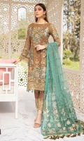 Embroidered Chiffon front with sequins Embroidered Chiffon back Embroidered Chiffon sleeves Embroidered tissue sleeves lace Embroidered tissue ghera lace Embroidered net dupatta – 2.50 Meter Raw silk trouser – 2.5 Meter Embroidered tissue trouser lace