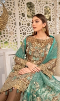Embroidered Chiffon front with sequins Embroidered Chiffon back Embroidered Chiffon sleeves Embroidered tissue sleeves lace Embroidered tissue ghera lace Embroidered net dupatta – 2.50 Meter Raw silk trouser – 2.5 Meter Embroidered tissue trouser lace