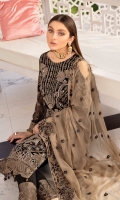 Embroidered Chiffon front with sequins Embroidered Chiffon back Embroidered Chiffon sleeves Embroidered tissue sleeves lace Embroidered tissue ghera lace Embroidered chiffon dupatta – 2.50 Meter Raw silk trouser – 2.5 Meter Embroidered tissue trouser lace