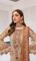 Embroidered chiffon front with sequence Embroidered chiffon back  Hand work neck patch Embroidered chiffon  sleeves Embroidered organza sleeves lace with pasting Embroidered organza ghera lace  Embroidered chiffon dupatta – 2.50 Meter Raw Silk trouser – 2.5 Meter Embroidered organza trouser lace