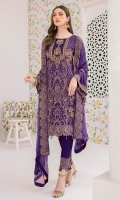 Embroidered chiffon front with sequence Embroidered chiffon back  Hand work neck patch Embroidered chiffon  sleeves Embroidered organza sleeves lace  Embroidered organza ghera lace  Embroidered chiffon dupatta – 2.50 Meter Raw Silk trouser – 2.5 Meter Embroidered organza trouser lace